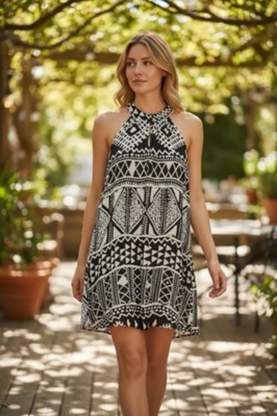 Tori Richard Black & White Geometric Halter Sleeveless Lined Midi Dress 6